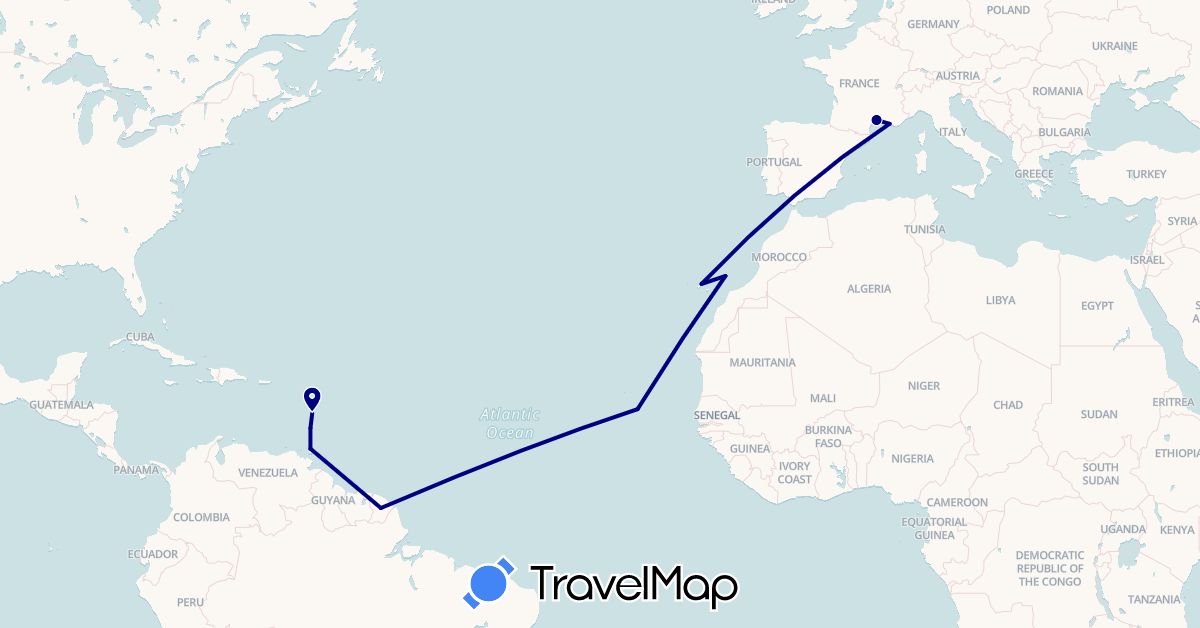 TravelMap itinerary: driving in Cape Verde, Spain, France, French Guiana, Martinique, Trinidad and Tobago, Saint Vincent and the Grenadines (Africa, Europe, North America, South America)